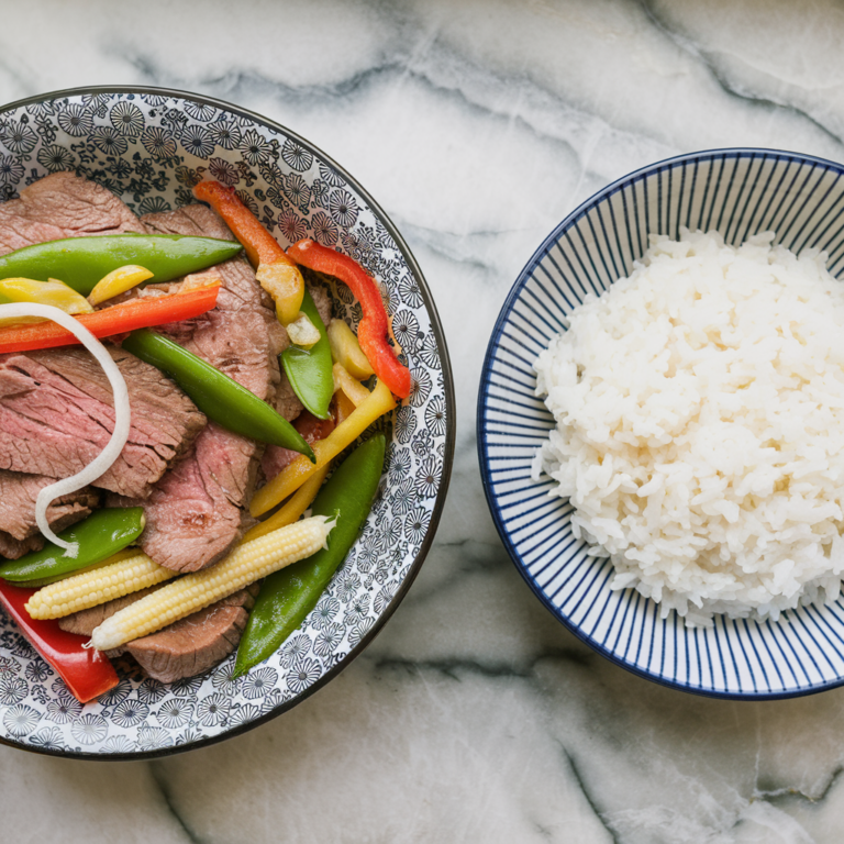 rainbow stir fry in a blue bowl and a bowl of white rice