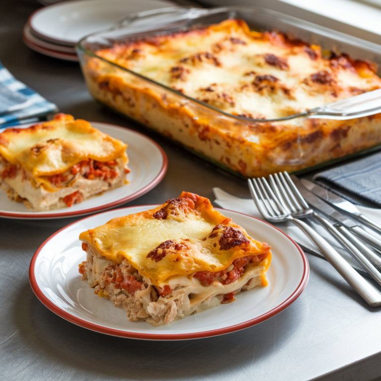 Two slices of lasagna and a baking dish of lasagna are set out on a kitchen counter