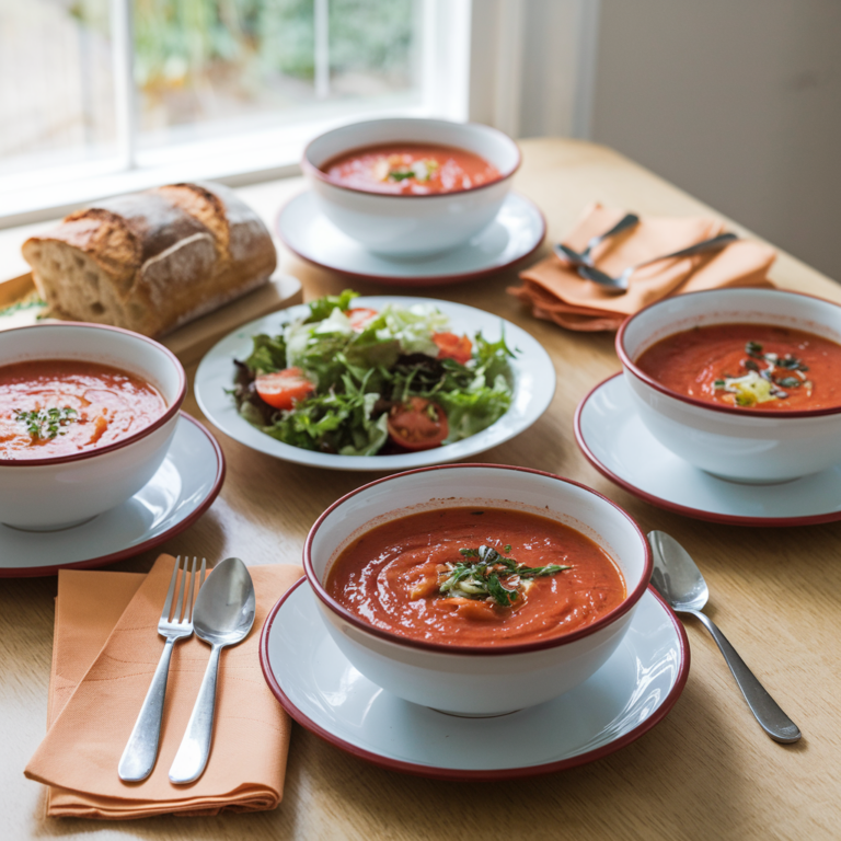Four bowls of tomato soup and one plate of side salad sit on a kitchen table