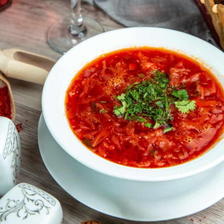 bowl of borscht - red soup in white ceramic bowl