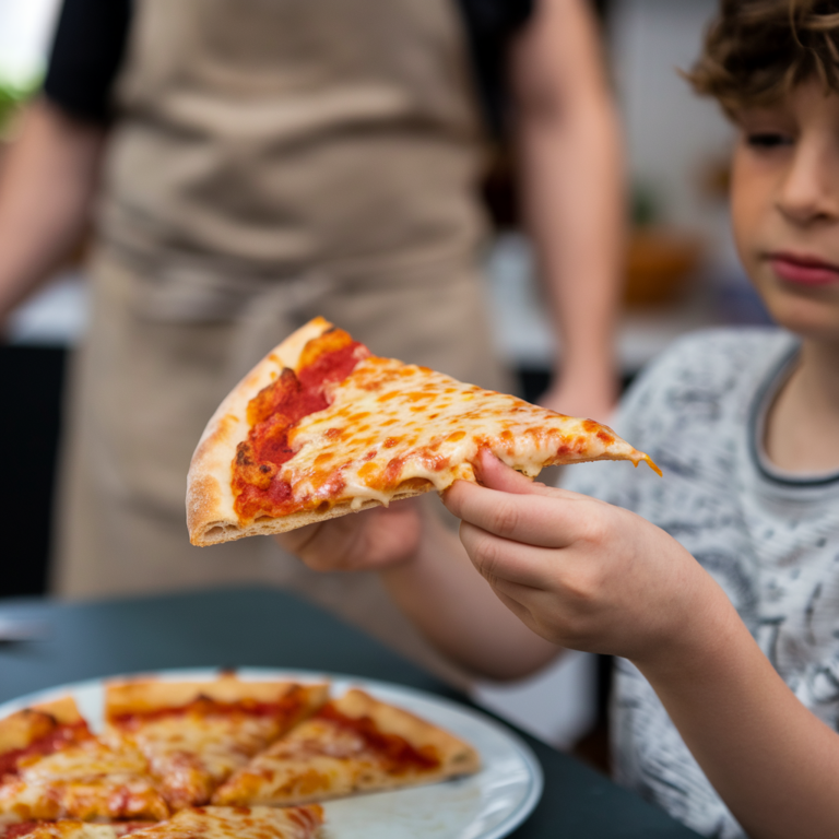 a boy holding a slice of cheese pizza