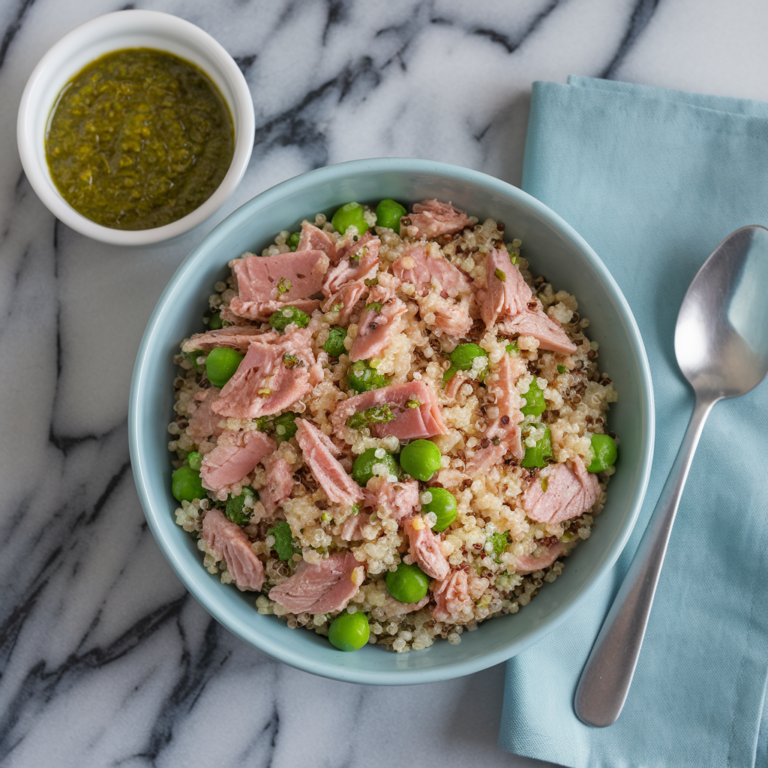 A blue ceramic bowl filled with tuna and green peas sitting on a marble counter