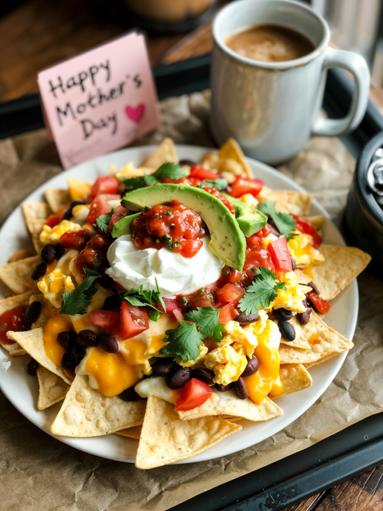 Breakfast nachos with a happy mothers day card and a mug of coffee