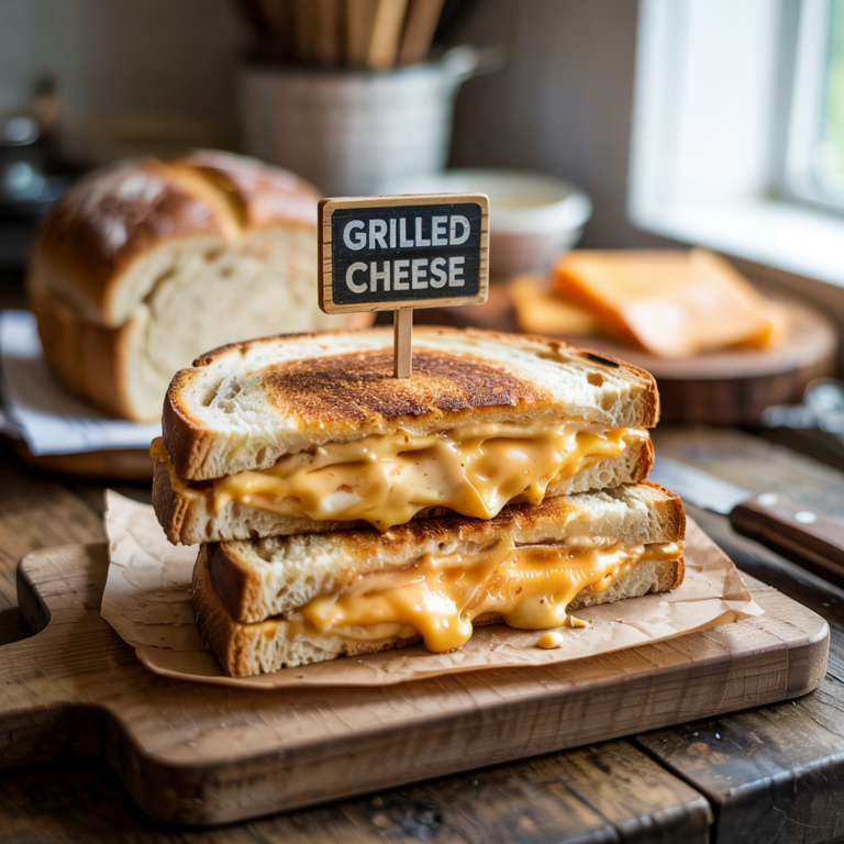 Sliced grilled cheese sandwich on a wooden cutting board