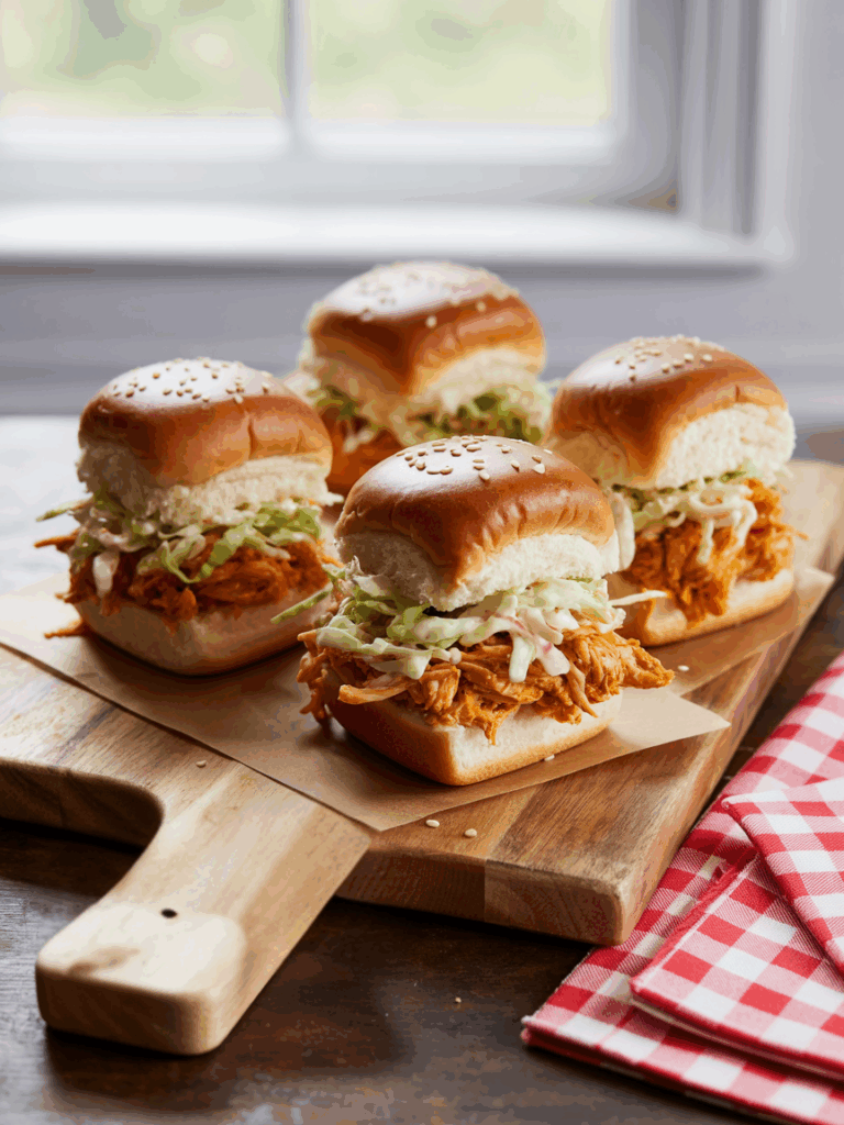 four shredded chicken bbq sliders on a wooden cutting board